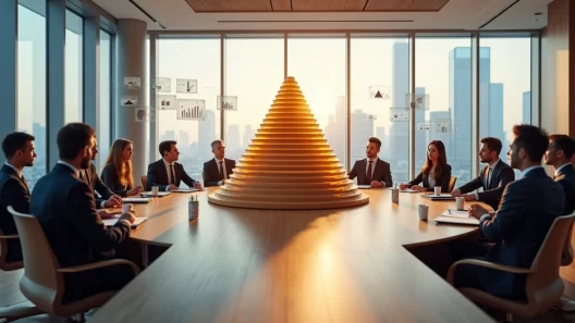 Representação detalhada da pirâmide de Maslow em ambiente empresarial moderno com líderes discutindo estratégias