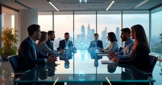 Equipe de gestores colaborando em ambiente moderno com tecnologia de automação visível nas telas