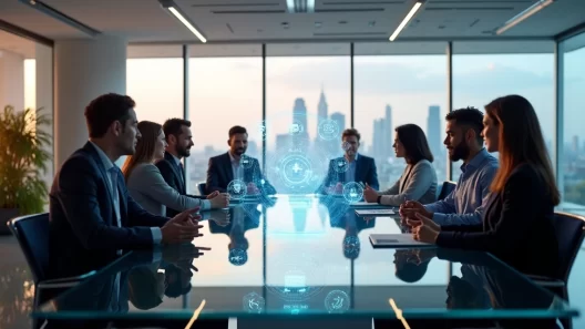 Equipe de gestores colaborando em ambiente moderno com tecnologia de automação visível nas telas