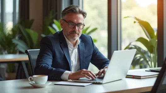 Líder em escritório elegante com postura relaxada, trabalhando com laptop em ambiente iluminado e organizado