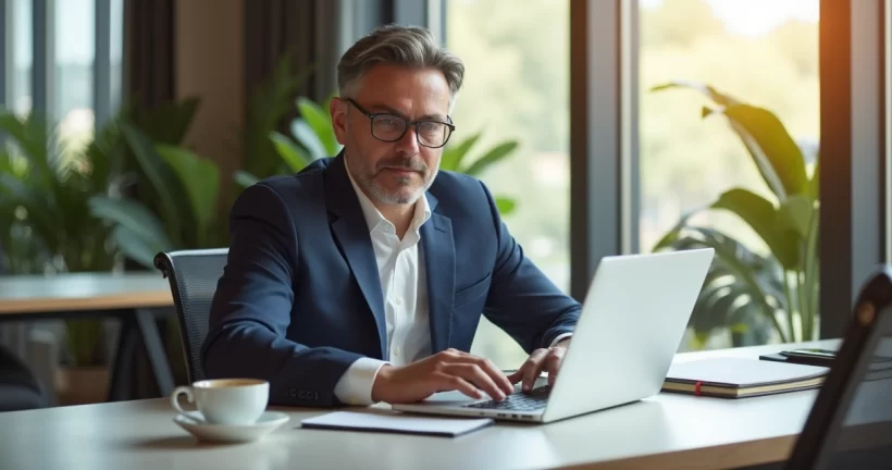Líder em escritório elegante com postura relaxada, trabalhando com laptop em ambiente iluminado e organizado