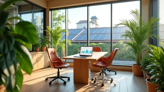 Escritório moderno de pequena empresa com decoração sustentável, plantas e painel solar visível pela janela