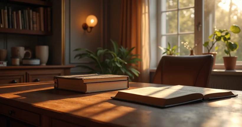 Pirâmide detalhada de seis etapas sob luz suave em ambiente elegante de escritório moderno