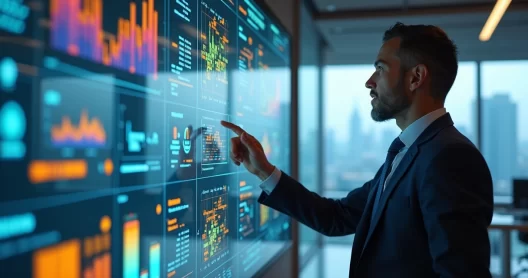 Ambiente corporativo moderno com executivo analisando gráfico de Balanced Scorecard em tela digital interativa