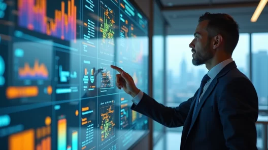 Ambiente corporativo moderno com executivo analisando gráfico de Balanced Scorecard em tela digital interativa