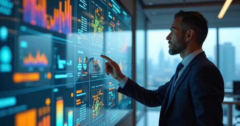 Ambiente corporativo moderno com executivo analisando gráfico de Balanced Scorecard em tela digital interativa
