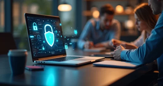 Mesa de escritório moderna com laptop aberto mostrando tela de segurança cibernética, equipe colaborando ao redor, fundo sofisticado com iluminação suave