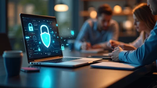 Mesa de escritório moderna com laptop aberto mostrando tela de segurança cibernética, equipe colaborando ao redor, fundo sofisticado com iluminação suave