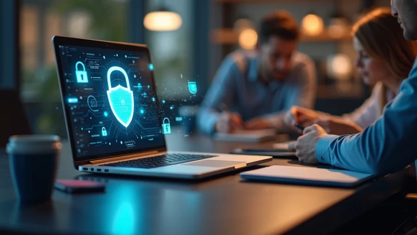 Mesa de escritório moderna com laptop aberto mostrando tela de segurança cibernética, equipe colaborando ao redor, fundo sofisticado com iluminação suave