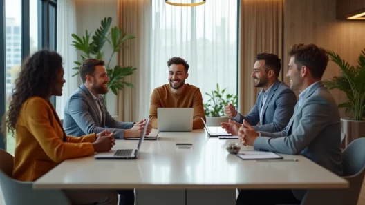 Equipe de trabalho reunida em ambiente moderno, discutindo entusiasmada em sala luxuosa com decoração elegante e iluminação natural