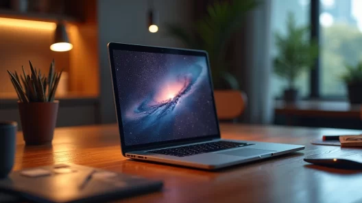 Mesa de trabalho moderna com laptop aberto mostrando gráficos digitais e dispositivos tecnológicos ao redor