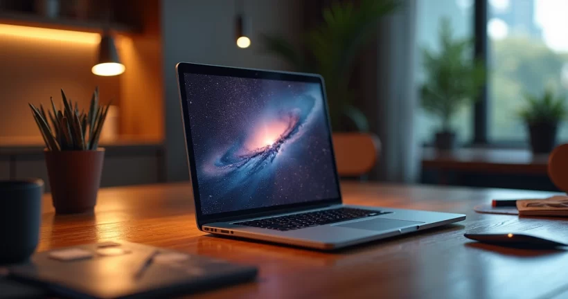 Mesa de trabalho moderna com laptop aberto mostrando gráficos digitais e dispositivos tecnológicos ao redor