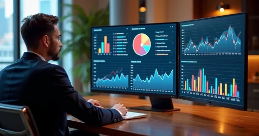 Executivo analisando gráficos financeiros de rentabilidade em tela de computador moderno