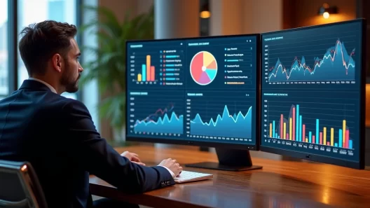 Executivo analisando gráficos financeiros de rentabilidade em tela de computador moderno