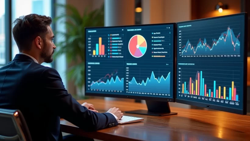 Executivo analisando gráficos financeiros de rentabilidade em tela de computador moderno