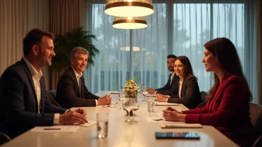 Equipe corporativa participando de sessão de liderança em ambiente moderno e elegante