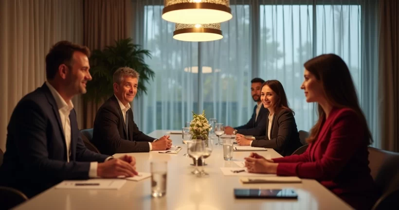Equipe corporativa participando de sessão de liderança em ambiente moderno e elegante