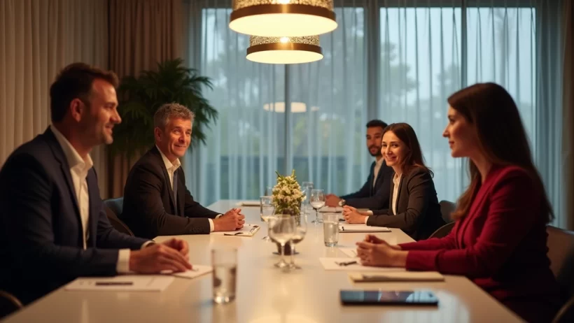 Equipe corporativa participando de sessão de liderança em ambiente moderno e elegante