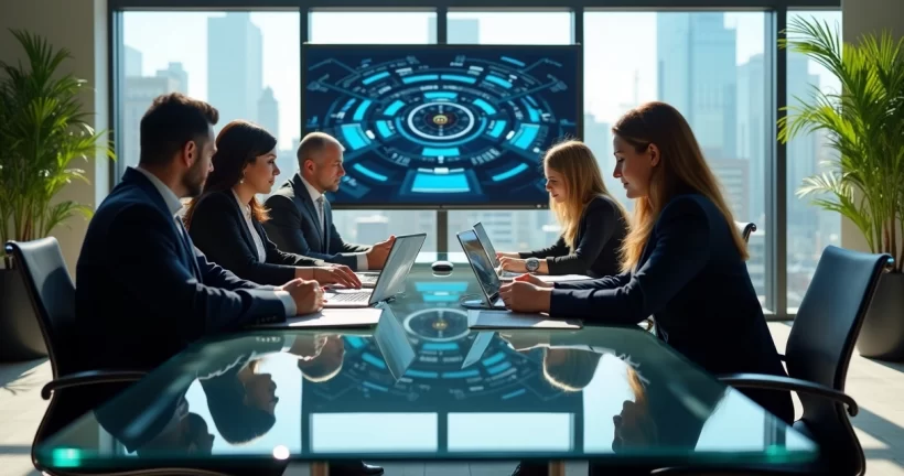 Reunião de equipes empresariais resolvendo conflitos em ambiente moderno e iluminado, com líderes discutindo estratégias