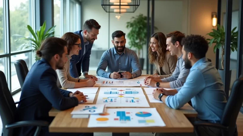 Gestor organizando equipe em reunião com gráficos e processos visíveis na mesa