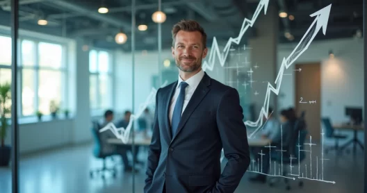 Líder em traje executivo sorrindo confiante diante de uma parede de vidro com gráficos e setas ascendentes, ambiente moderno e iluminado