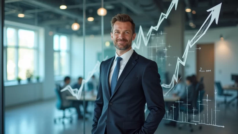 Líder em traje executivo sorrindo confiante diante de uma parede de vidro com gráficos e setas ascendentes, ambiente moderno e iluminado