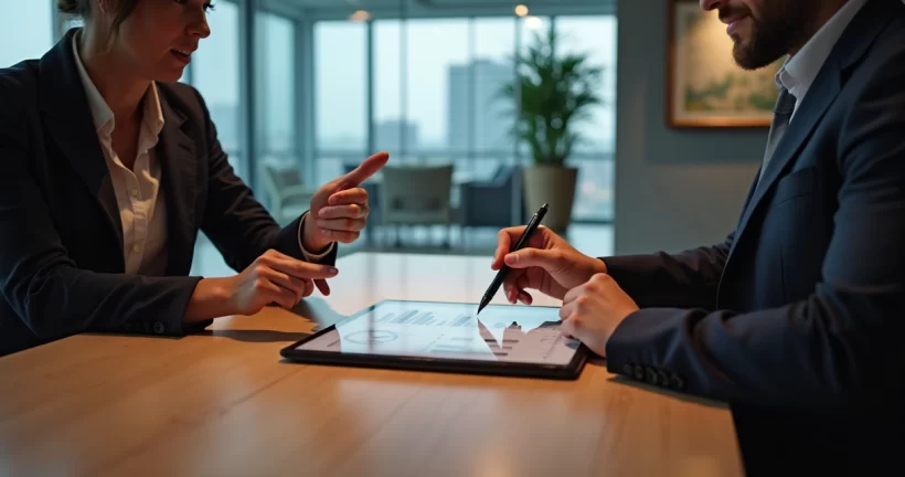 Mesa elegante com dois profissionais negociando preços estratégicos em ambiente corporativo sofisticado