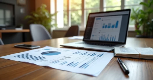 Mesa elegante com plano de negócios aberto, laptop moderno, anotações e gráficos financeiros detalhados