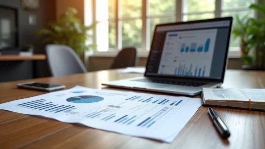 Mesa elegante com plano de negócios aberto, laptop moderno, anotações e gráficos financeiros detalhados