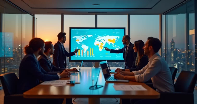 Equipe reunida em sala moderna revisando metas em quadro digital