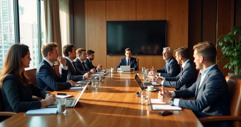 Mesa de reunião corporativa com participantes debatendo intensamente para neutralizar sabotadores