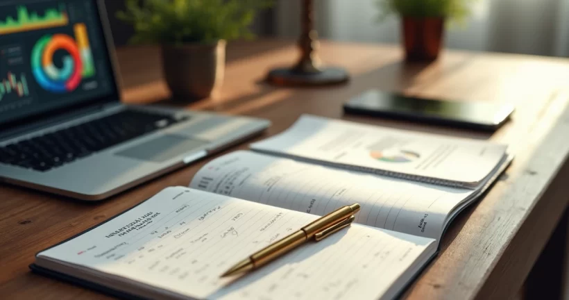 Mesa de escritório elegante com planner semanal aberto, caneta dourada, e laptop moderno exibindo gráficos de metas