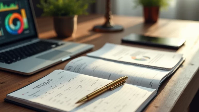 Mesa de escritório elegante com planner semanal aberto, caneta dourada, e laptop moderno exibindo gráficos de metas