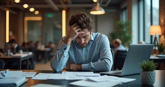 Profissional em escritório moderno com expressão exausta, cabeça apoiada na mão, papéis e laptop na mesa