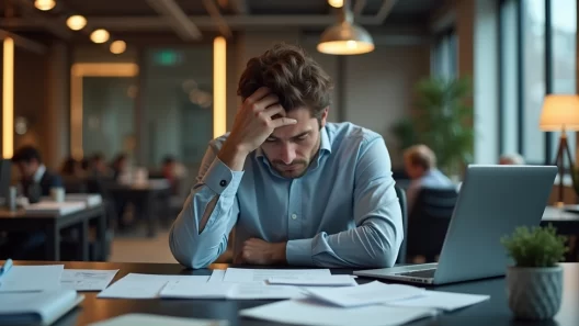 Profissional em escritório moderno com expressão exausta, cabeça apoiada na mão, papéis e laptop na mesa